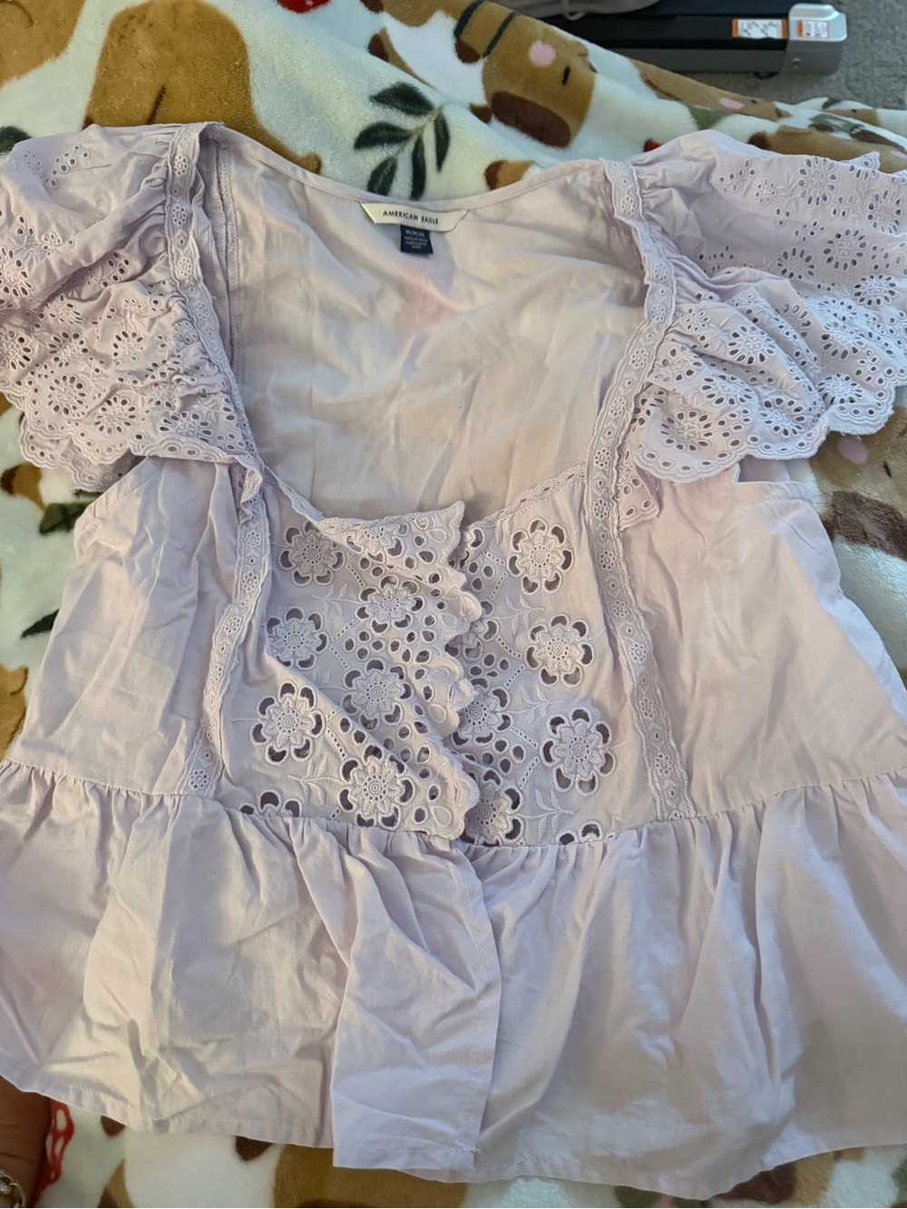 American Eagle Outfitters Light Lavender Eyelet Ruffle Tunic Top